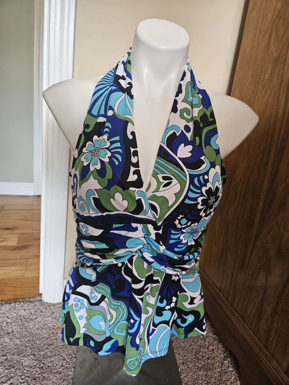 Studio Halter Camisole in Blue, Green & Black Floral Print